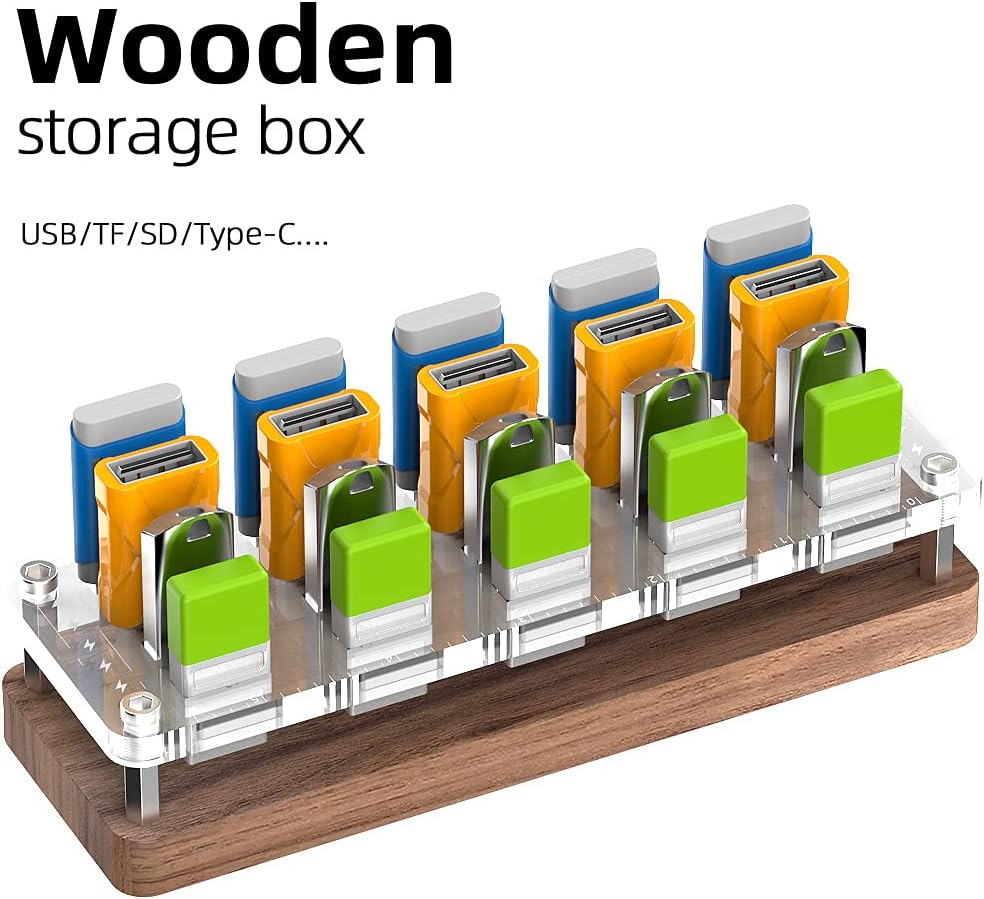 20 Slots Wooden Memory USB Flash Disk Card Case, TF Card Box and Micro SD Drive Card Holder Desk, U-Shield Memory Storage Racks