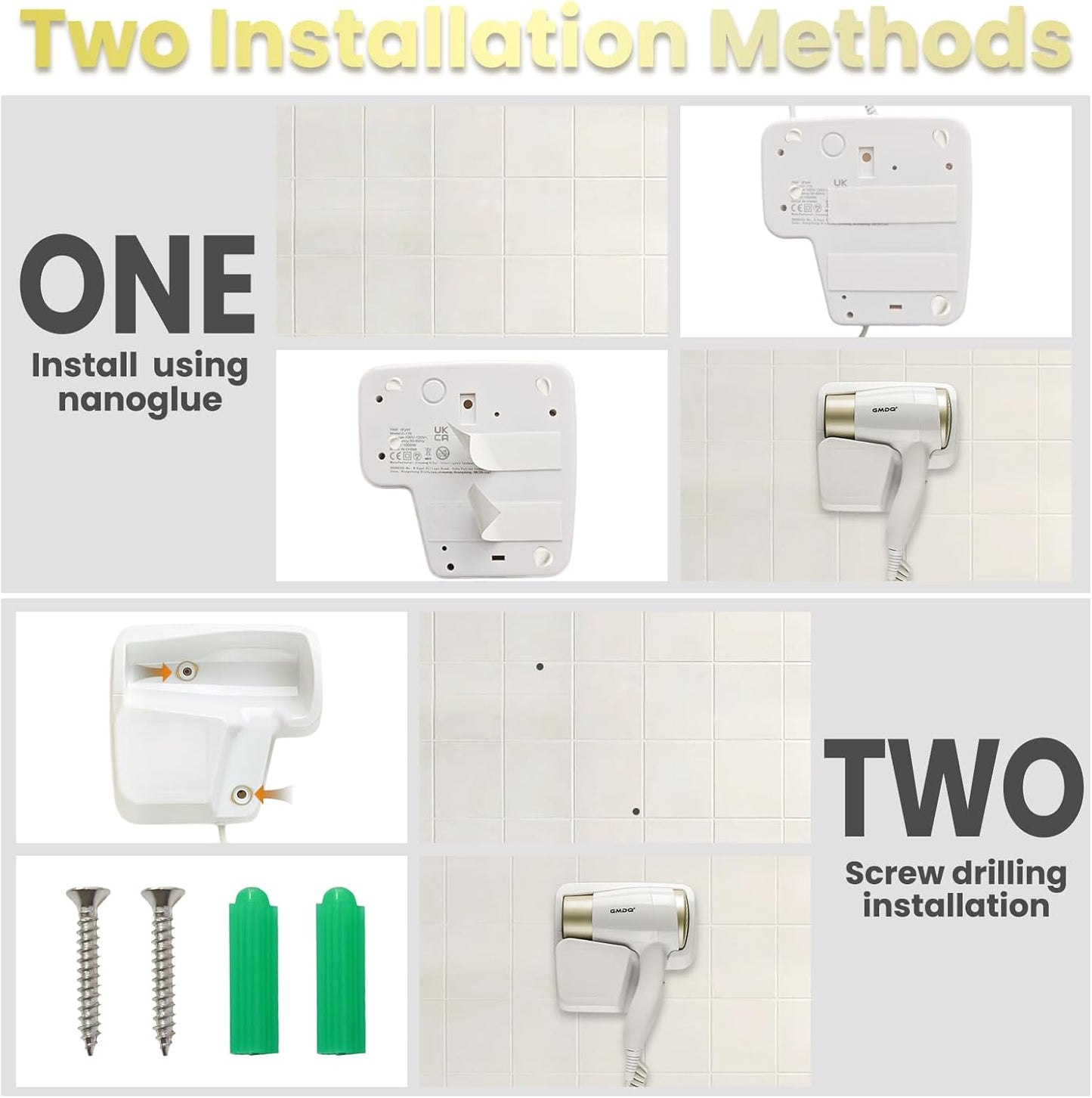 Wall Mounted Hair Dryer with USB Charging Port for Bathroom - 110V Professional Blow Dryer, Fast Drying Salon Motor & Dual Voltage Support, Includes Stand Rack, Screws+Adhesive