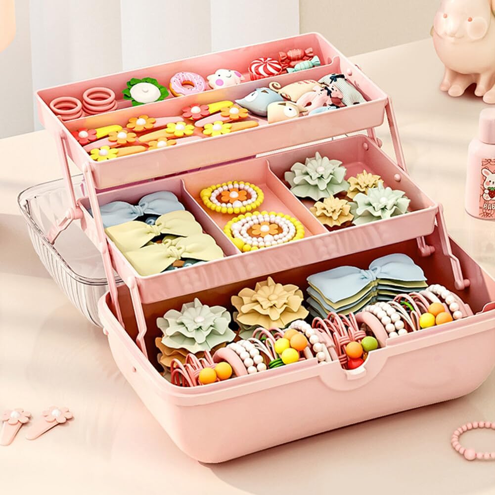 Cute Girls Hair Accessories Storage Box Bow Switch Organizer Box Jewelry Box, Plastic Hair Ties Holder Hair Clips Container Storage Box for Home, School, Office(Pink)