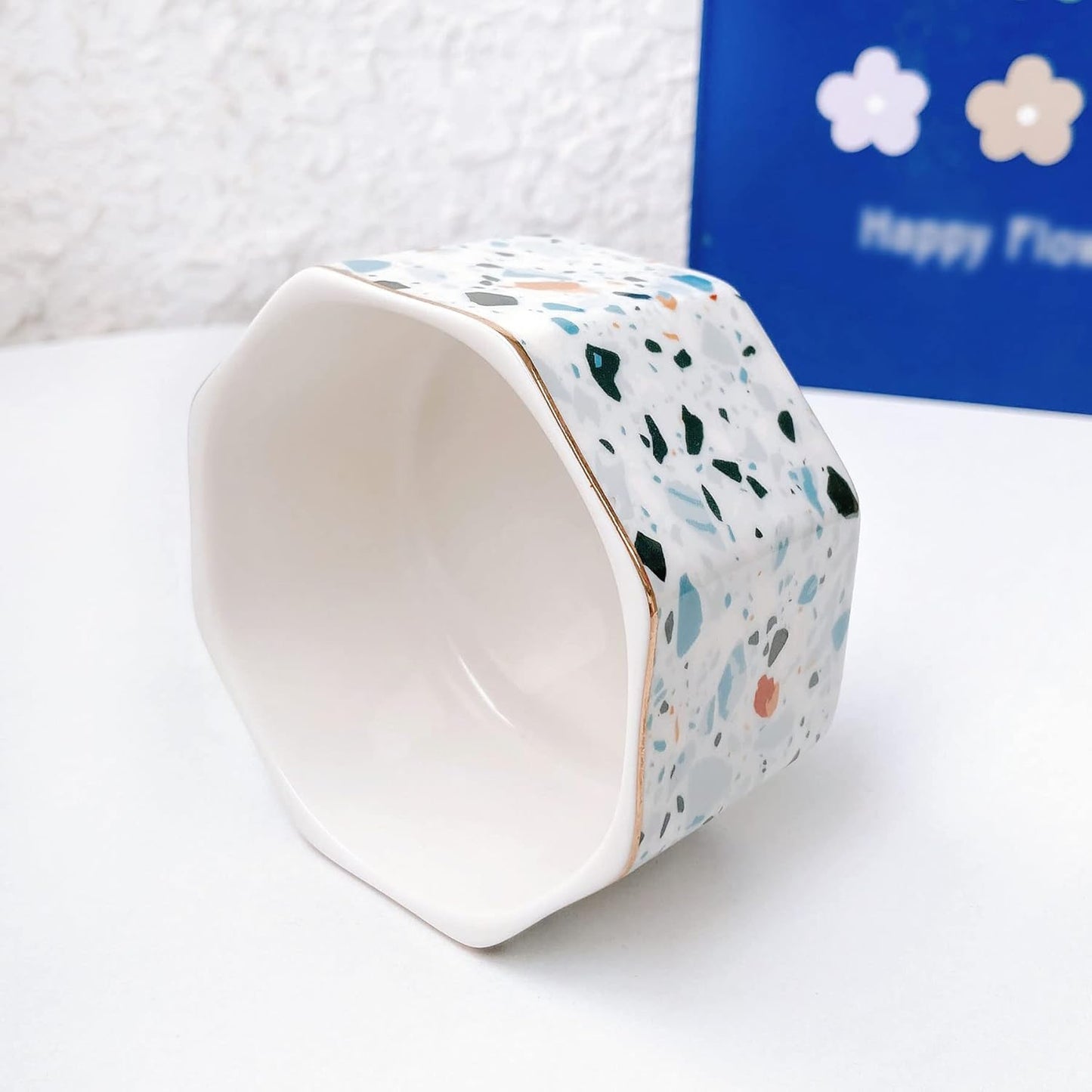 Ceramic Paper Clip Holder Gold Line Paper Clip Dispenser Organizer for Desk Cute Terrazzo Marble Pattern Office Binder Clip Holder Bobby Pin and Hair Clip Holder Gift for Office Blue