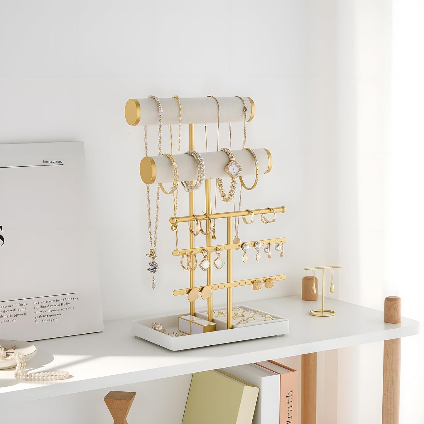 Lolalet Bracelet Display Stand Necklaces Holder, 5 Tiers Jewelry Organizer and Storage Rack with Velvet Slot and Metal Base, for Women Bangles Watches Ring Earrings -White