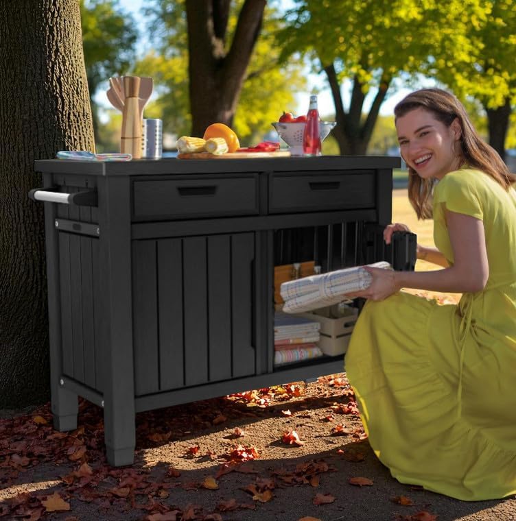 Outdoor Storage Cabinet with Drawers, Entertainment Buffet Table, Graphite Gray, 49.4" W x 35.4" H x 25.3" D
