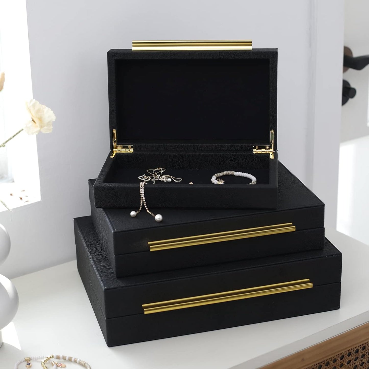 Faux Shagreen Leather Jewelry Storage Boxes Set of 3 with Gold Handles, Velvet Lined Stackable Organizer for Women, Vanity, Dresser, Gift, Black