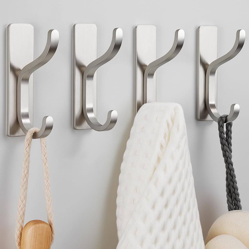pickpiff Adhesive Wall Hooks for Hanging Towels - Heavy Duty Stick On Hooks, Strong Hold up to 13 lbs, Hangers for Coats, Bags, Purses, Ideal for Door, Closet, or Bathroom, Brushed Silver,4 Pack