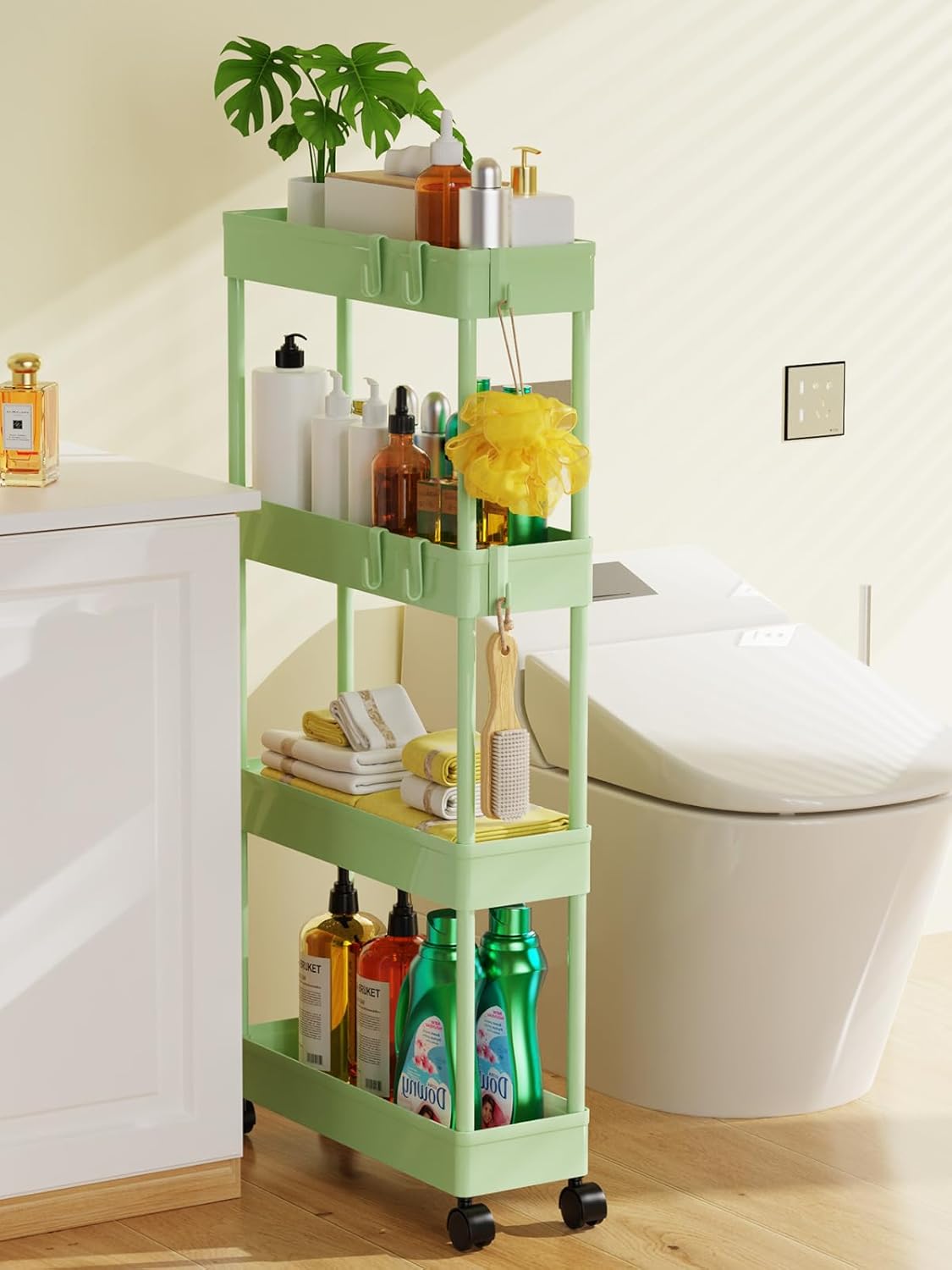 LEHOM 5.1" Slim Storage Cart - 4 Tiers Bathroom Organizer Mobile Shelving Unit Storage Rolling Utility Cart Slide Out Organizer for Kitchen Bathroom Laundry Narrow Places, Green