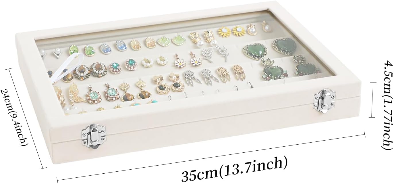 Wudygirl Jewelry Organizer Velvet Earring Organizer with Clear Lid 32 Pairs Earring Holder Jewelry Tray Display Case (Beige 64 Slot)
