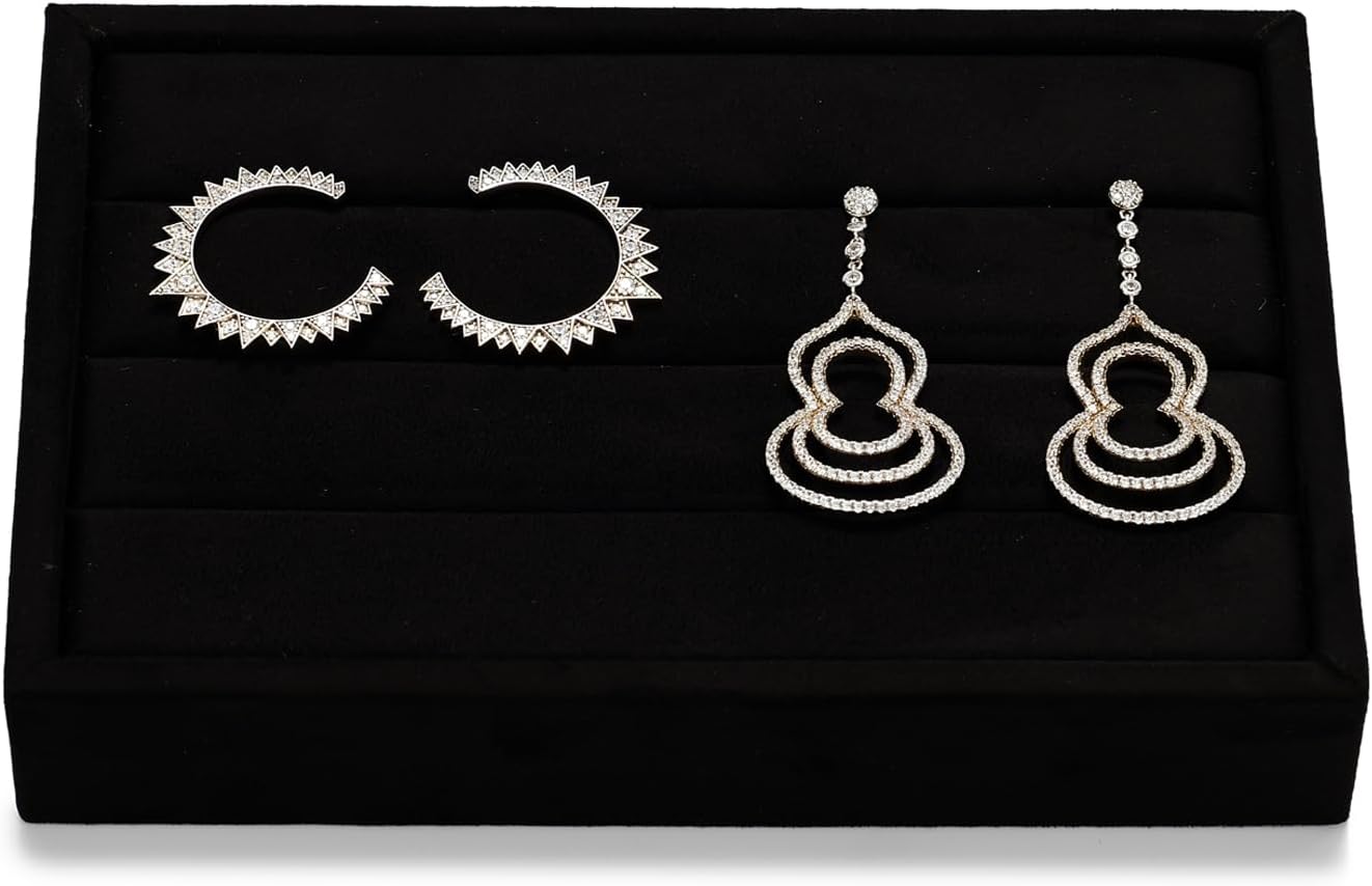 Oirlv 3 Slots Velvet Small Ring Organizer Earrings Trays Showcase Display Storage Insert Holder for Jewelry Box, Drawer, Dresser(Black,M)