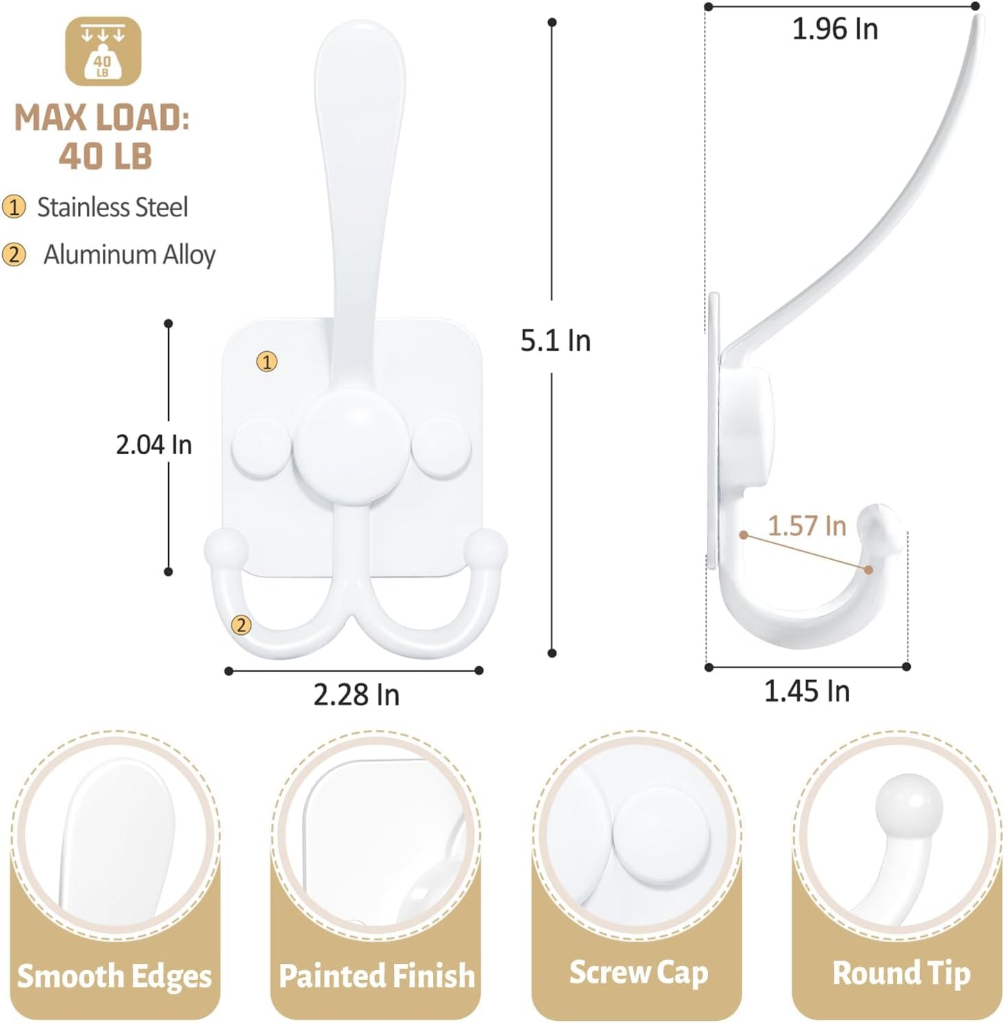 VIS'V 3 Prong Coat Hooks Wall Mount, Metal Self Adhesive Entryway Wall Hooks, 2 Mount Options, White, 4 Pcs