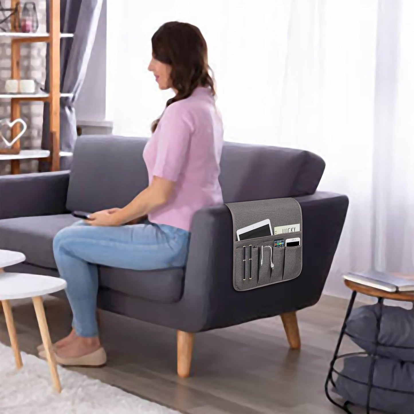 NB Sofa Armrest Organize remote holder bedside caddy organizer with 5 pockets,non-slip couch remote control holder couch armchair caddy accessories (Dark Grey, 35"x12.4")