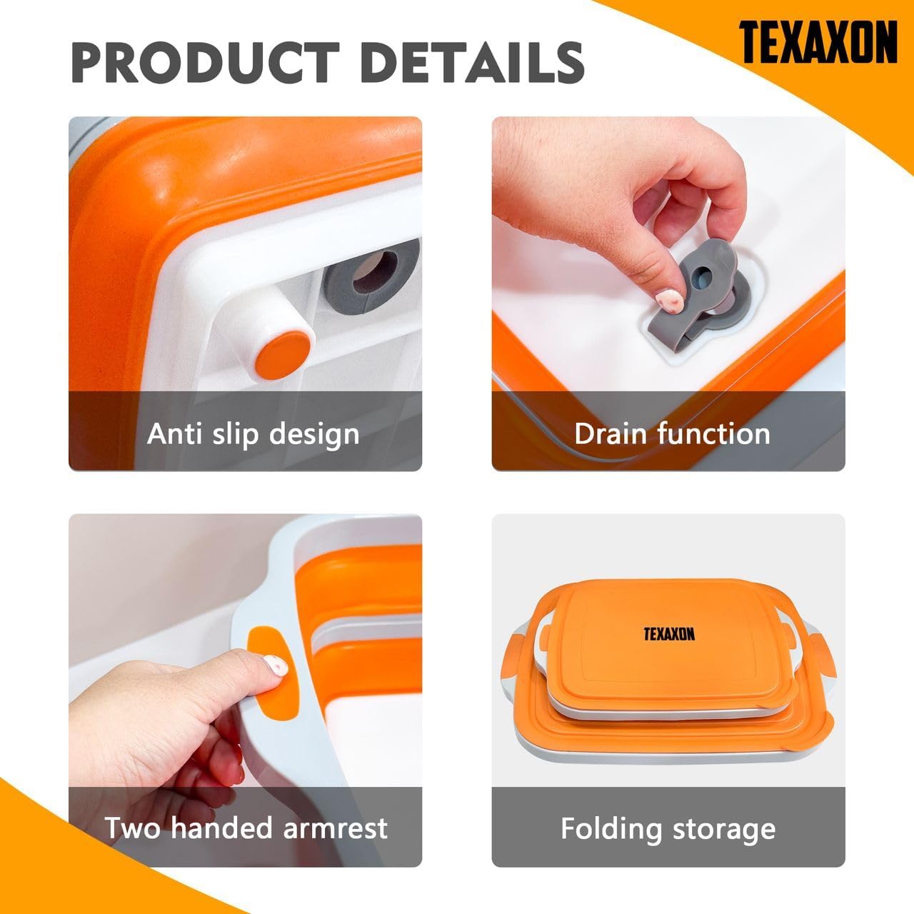 8L/16L BBQ Prep Tub with Cutting Board, Lid & Complimentary Mitts/Gloves – Collapsible Bucket for BBQ, Marinade, Picnic, Camping, Meat Prep – Orange/Black (Orange, Large)