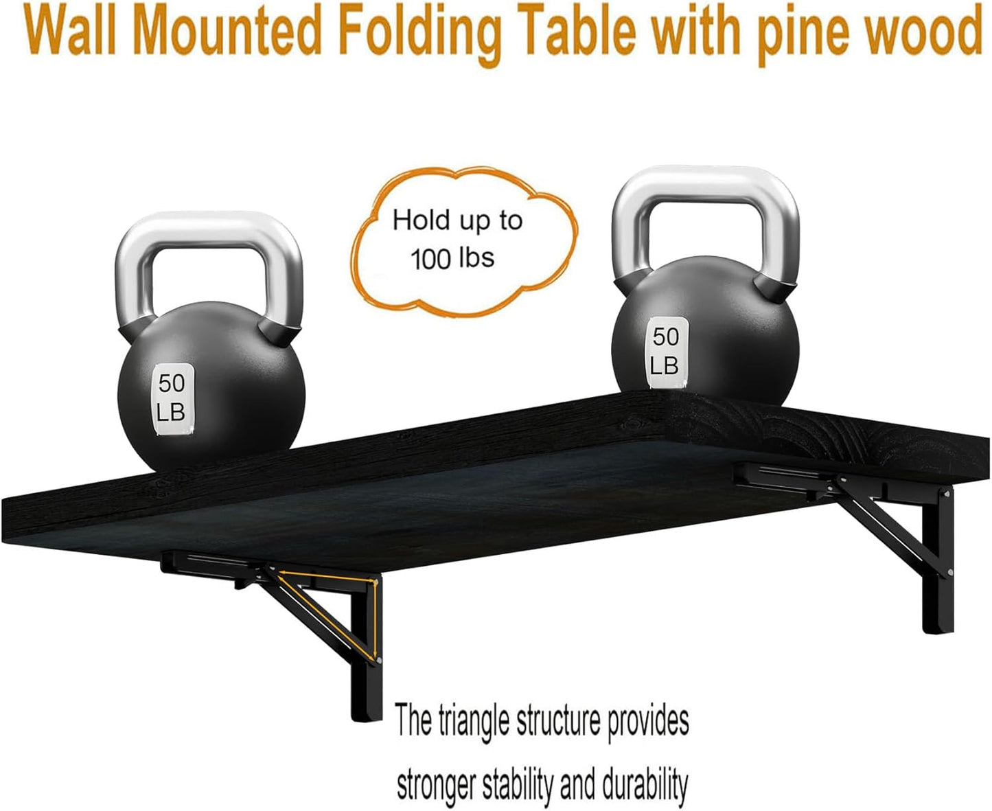 IAE Wall Mounted Folding Table with Pine Wood,36" x 14" Floating Wall Desk,Laundry Folding Table with Shelf Brackets,Fold Down Desk Shelf,Folding Workbench for Home,Dining,Laundry Room,Kitchen,Black