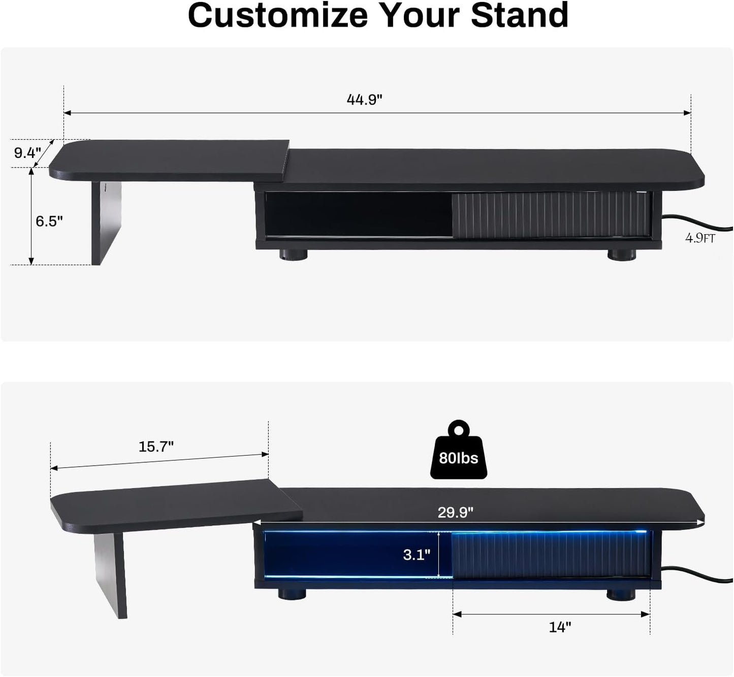 Artswish Adjustable Monitor Riser Stand with Power Outlet & Light Strip, Expand to 45 Inch, Computer Desk Shelf with Sliding Door, Desk Organization for Office, Gaming Room, with Storage, Black