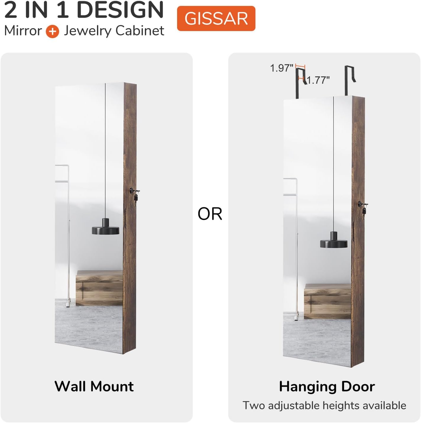 GISSAR Full Length Mirror Jewelry Cabinet, 6 LEDs Jewelry Armoire Wall Mounted Over The Door Hanging, Jewelry Organizer Display Storage Furniture with Lights Locker Mirrored Cabinet, Vintage Brown