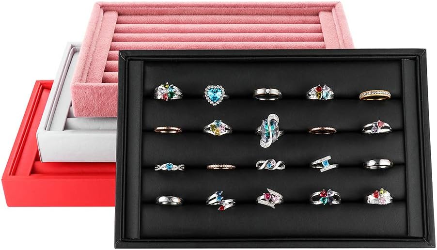 Valyria Velvet 5 Slots Ring Earrings Trays Showcase Display Jewelry Organizer (Black Flat PU Leather)