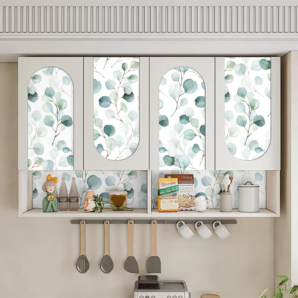 HAOKHOME Shelf Liner and Cabinet Liner Boho Leaf, Self-Adhesive Drawer Liners, Peel and Stick Contact Paper for Kitchen Cabinets and Cupboard, Bathroom Drawers, Green/White 17.3in x 16.4ft