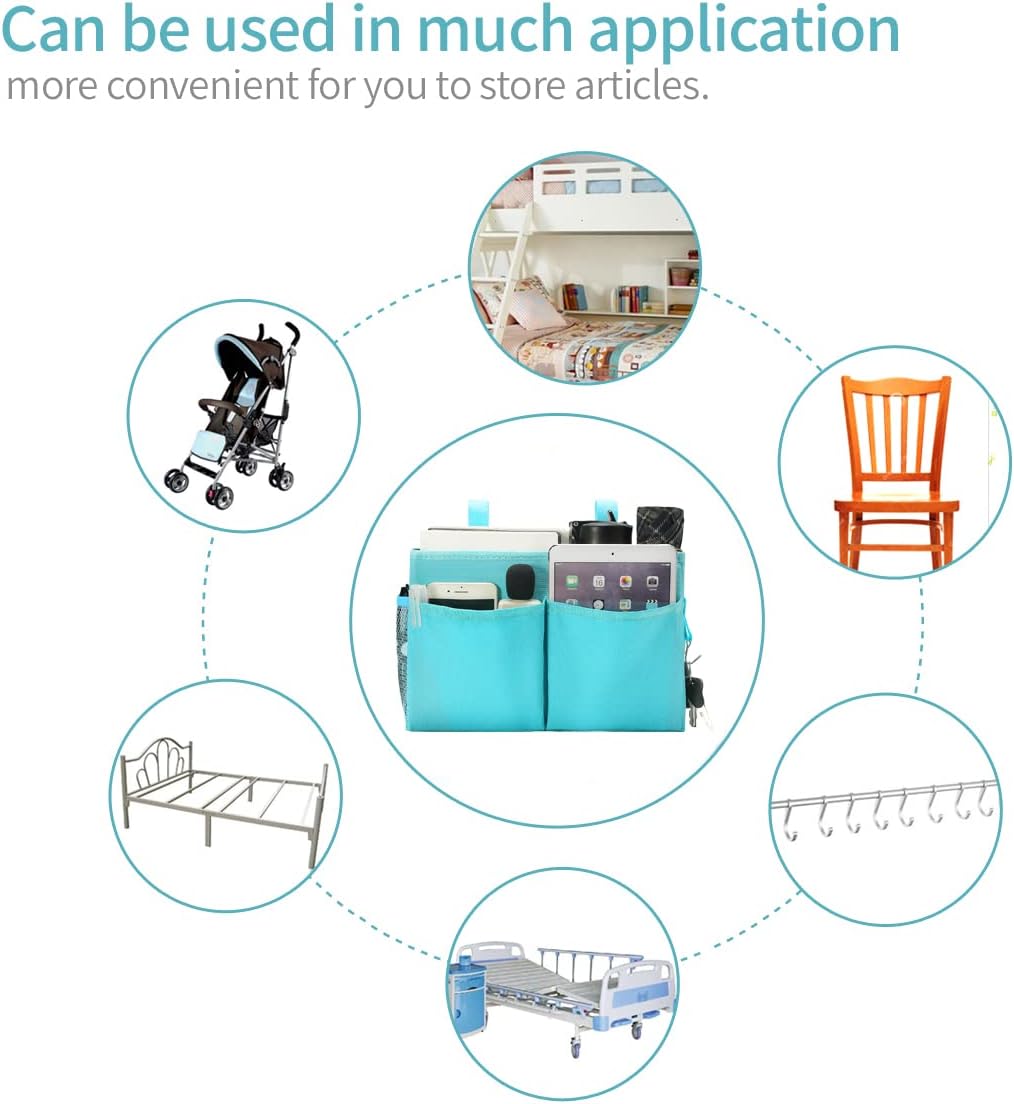 Bseash Bunk Bed Organizer, Bedside Caddy Hanging Bed Organizer Storage Bag with 4 Pockets and 2 Hooks, for College Dorm Rooms Bed, Hospital Bed, Baby Bed Rails, 600D Oxford Cloth (Light Blue)