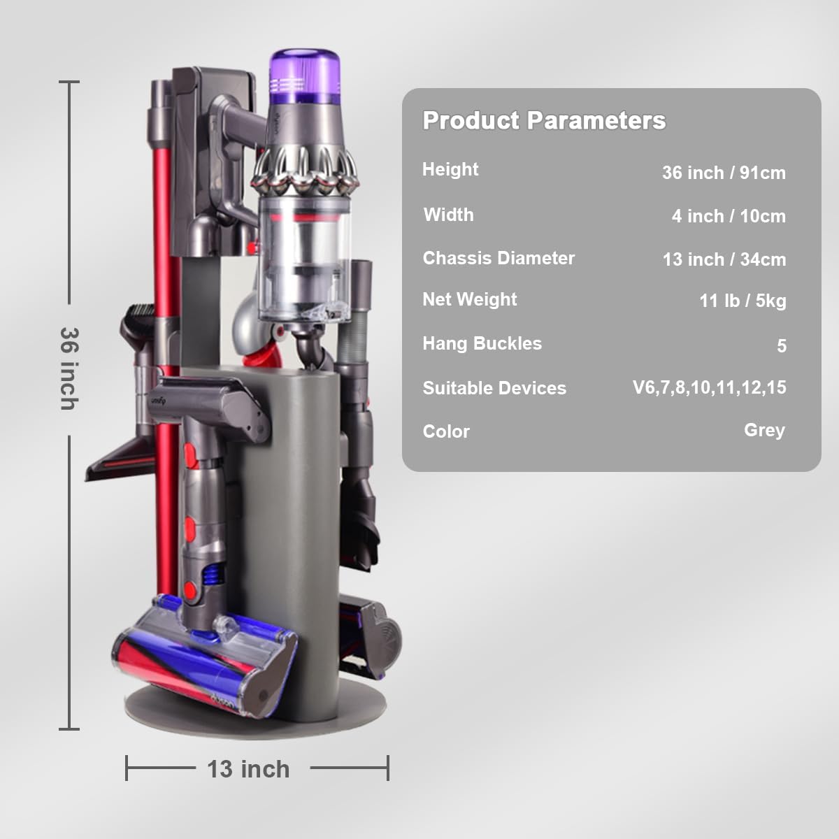 Vacuum Stand Holder for Dyson V15 V11 V10 V8 V7 V6 Cleaner, Stable Metal Storage Rack, Drill-Free Organizer Bracket Compatible with Dyson Cordless Vacuum Cleaner and Its Tools, Grey