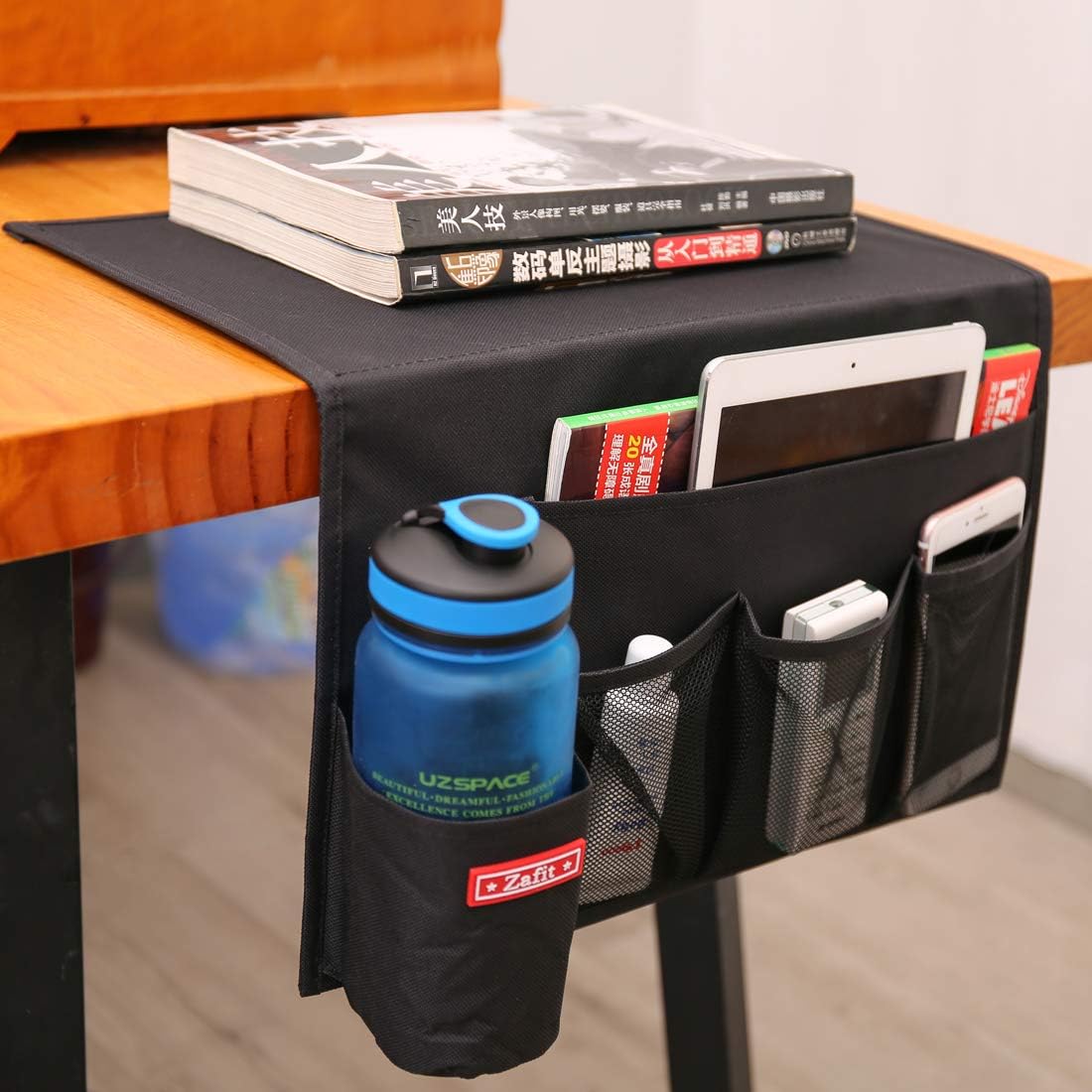 5 Pockets Bedside Caddy, Bedside Storage Organizer for Water Bottles, Magazines, Phone, Glasses (5 Pockets-Black)
