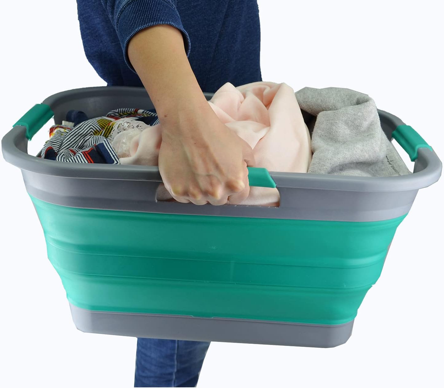 SAMMART 30L (8 gallon) Collapsible Plastic Laundry Basket - Foldable Pop Up Storage Container - Portable Washing Tub - Space Saving Hamper- Water Capacity 24L(6.3 gallon) (1, Dark Grey/Bluish-Green)