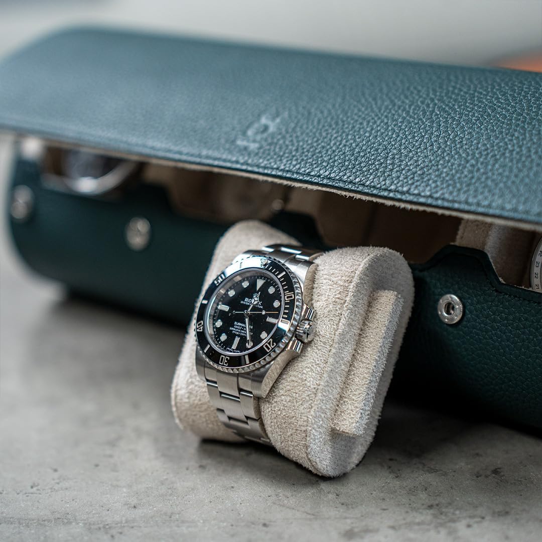 DailyWatch | Watch Roll Travel Case For 4 Watch | Luxury Watch Case In Genuine Leather With Soft Velvet Interior | Watch Case Protect, Store, & Display Your Watches | Dark Green Litchi