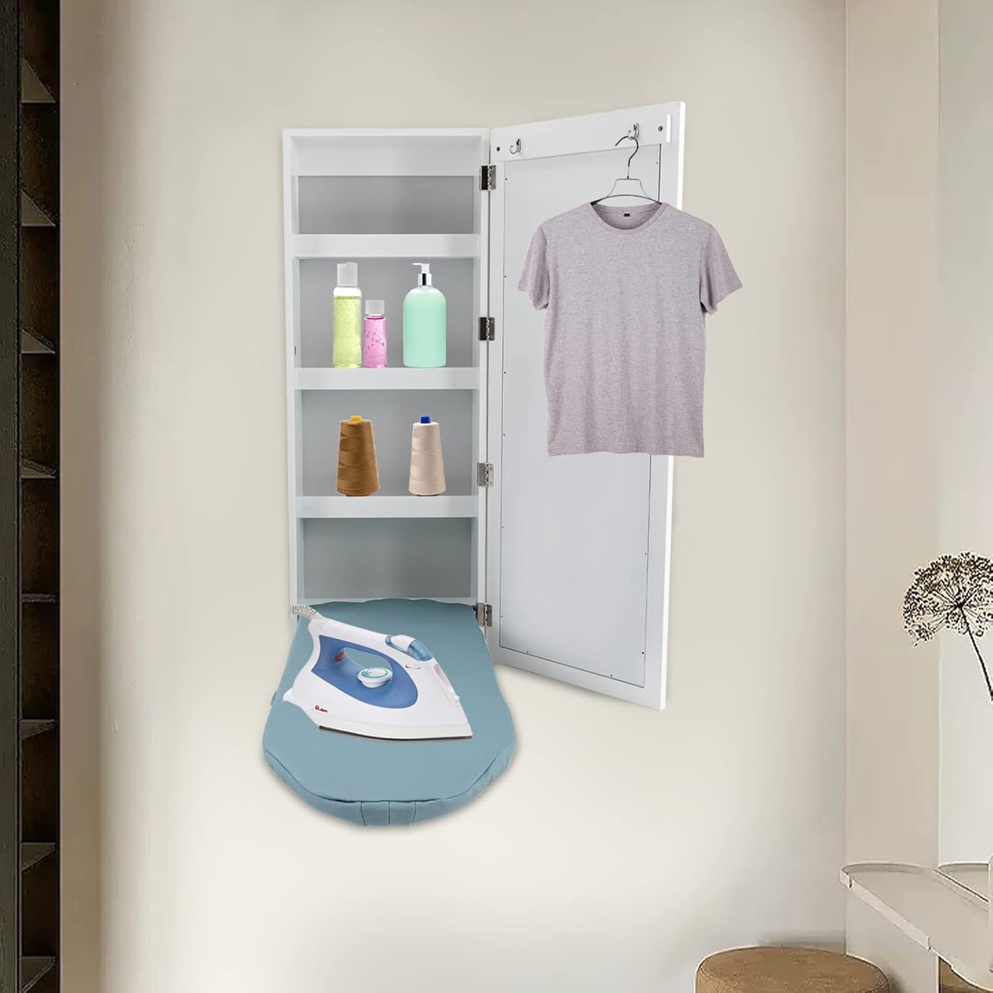 Wall Mounted Ironing Board Cabinet,Foldable Hanging Ironing Board with Mirror,Compact Mount Fold Down Iron Board for Small Spaces White