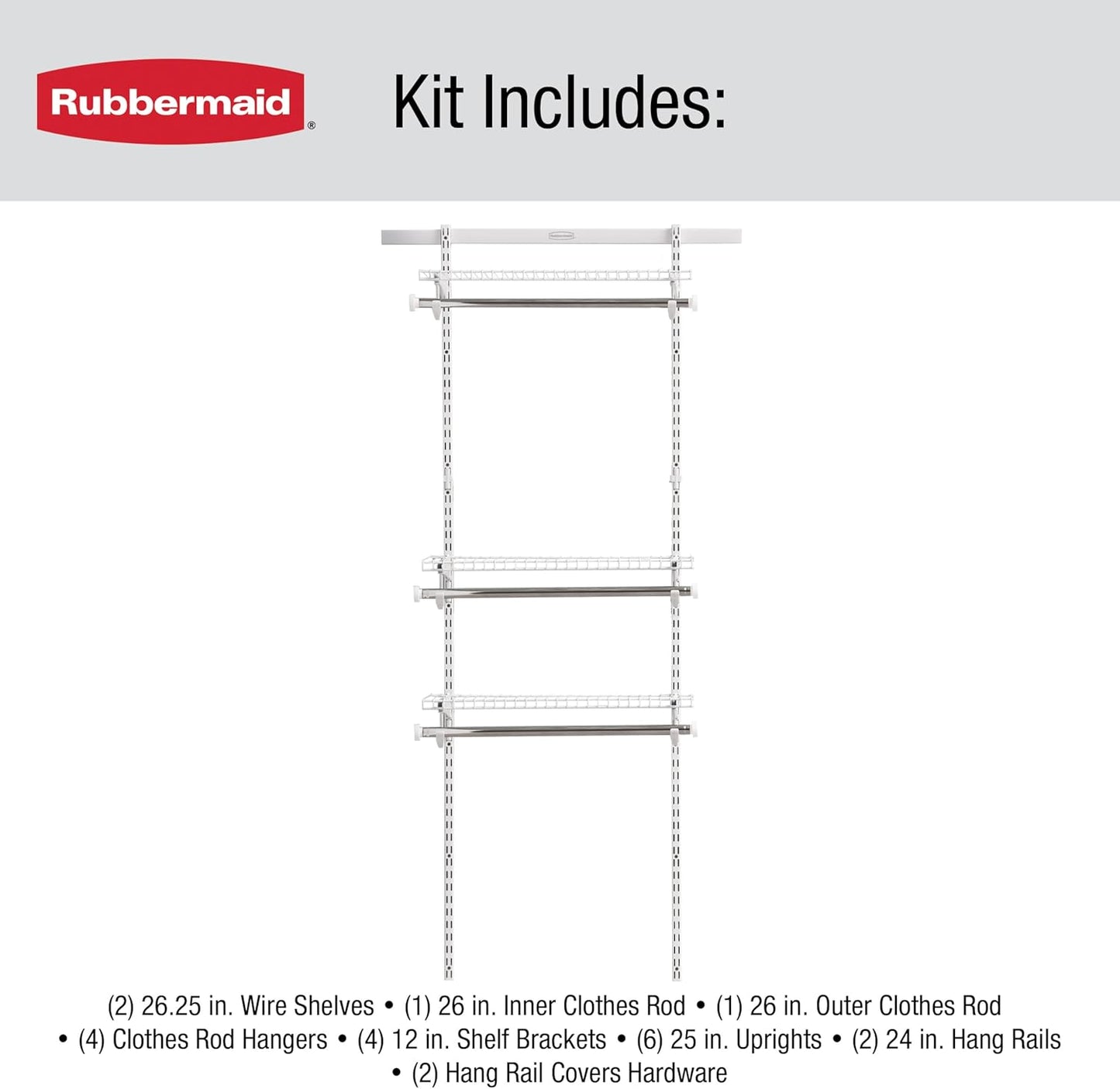 Rubbermaid Configurations Custom Closet Kit 2-4 Ft. Adjustable Metal Wire Shelving White Finish Expandable Organization System Hardware Included for Home Closet/Pantry/Laundry/Mudroom