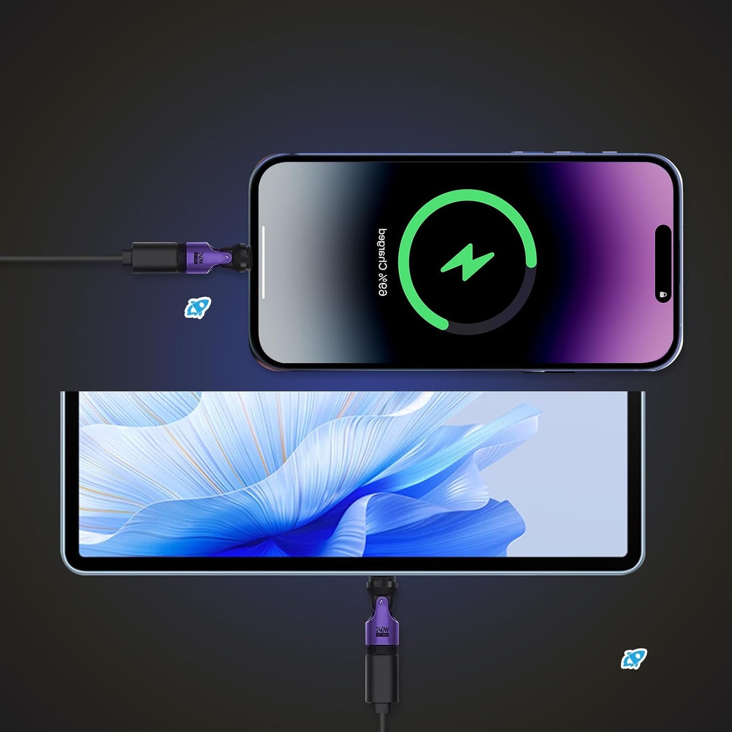 Magnetic USB C 90 Degree Adapter 240W, Can Be Type-C Cord Into Right Angle Magnetic USB C Charging Cable, Magnet Charger USBC Adapter 180&360 OTG Tips for Phone 17/16 Tablet(1 Pack Purple)