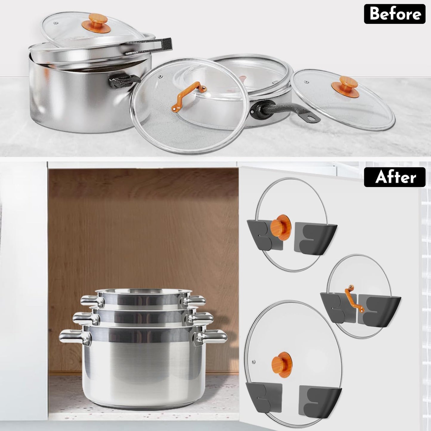Universal Adjustable Pot Lid Organizer for Cabinet - Upgraded Patented Set of 4 Pan Lids Organizers Inside Cabinet Door Wall Mount Pots Top Holder for Kitchen Cupboard, Fits 6" to 14" (Black)