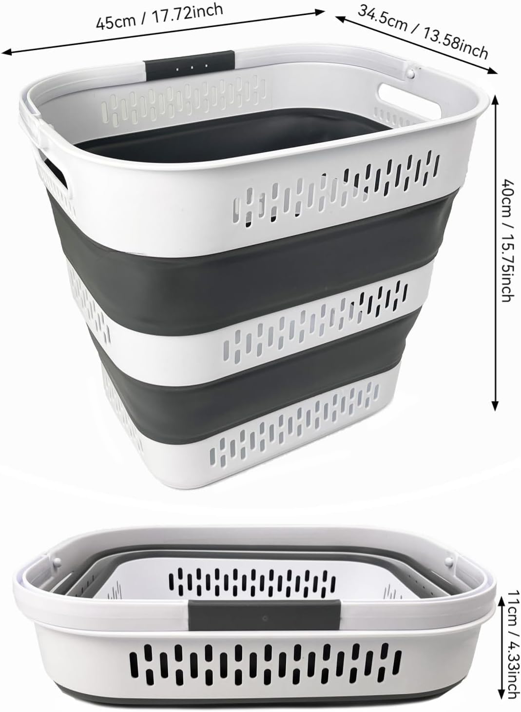 SAMMART 40L (10.5 Gallon) Collapsible Plastic Laundry Basket with Handles - Foldable Pop Up Storage Container/Organizer - Portable Laundry Hamper - Space Saving (2, White/Steel Grey)
