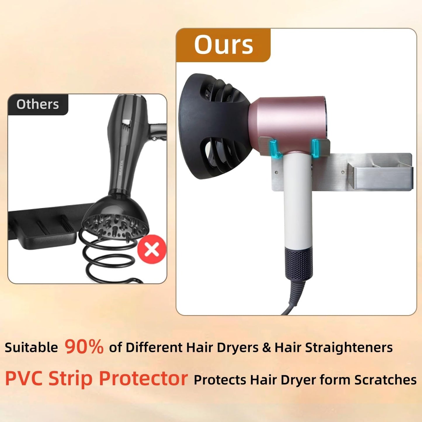 Hair Dryer and Straightener Holder, Upgraded Hair Straightener Holder with Cable Hook, Stainless Steel Universal Hairdryer Holder Wall Mounted Waterproof for Bathroom Space-Saving Silver PTALSEAW