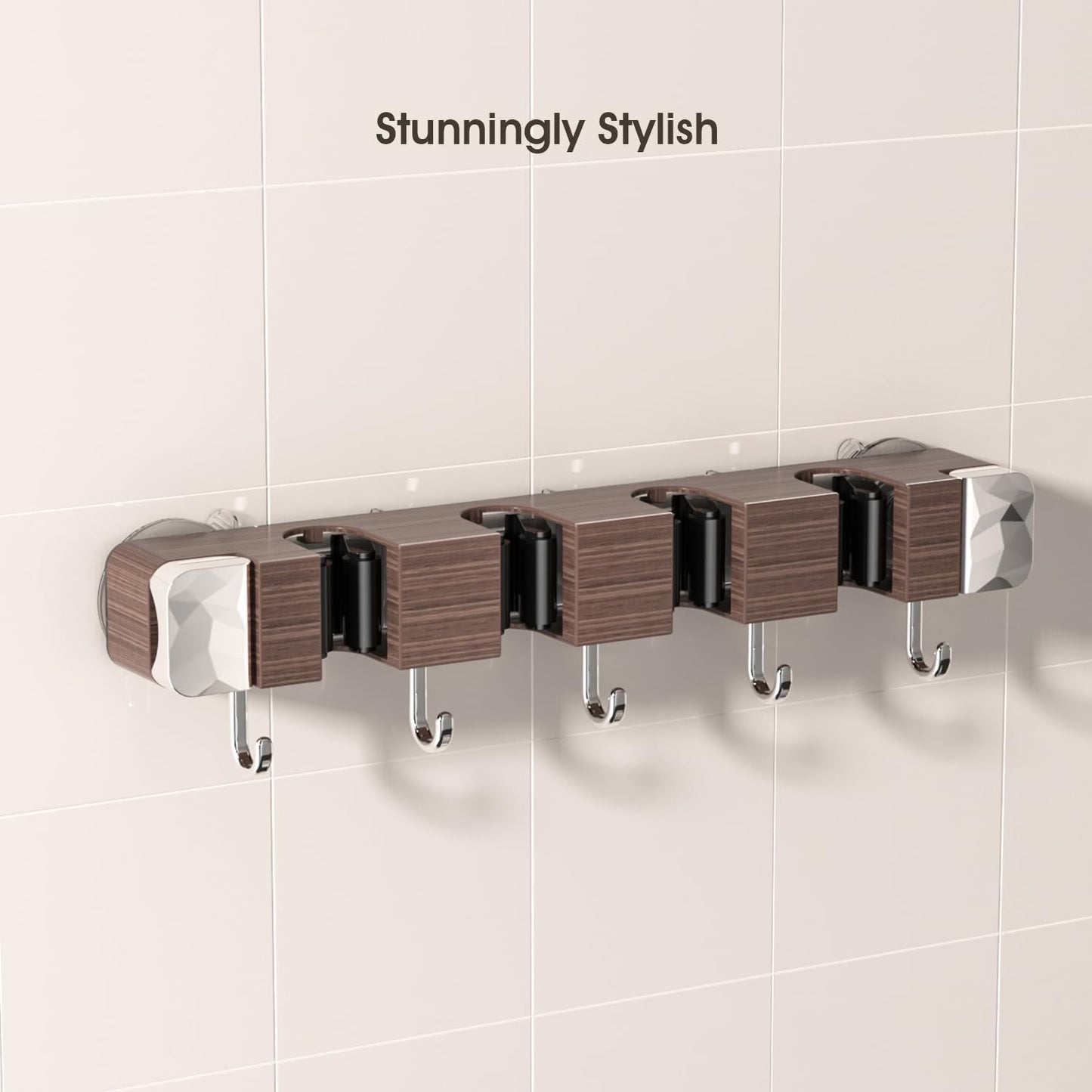 Suction Cup No Drilling Broom Holder Wall Mount, Walnut Color Mop Organizer Wall Hanging, 4 Racks 5 Hooks Tool Organizer Hanger Self Adhesive for Home, Garage, Garden, Laundry, Kitchen