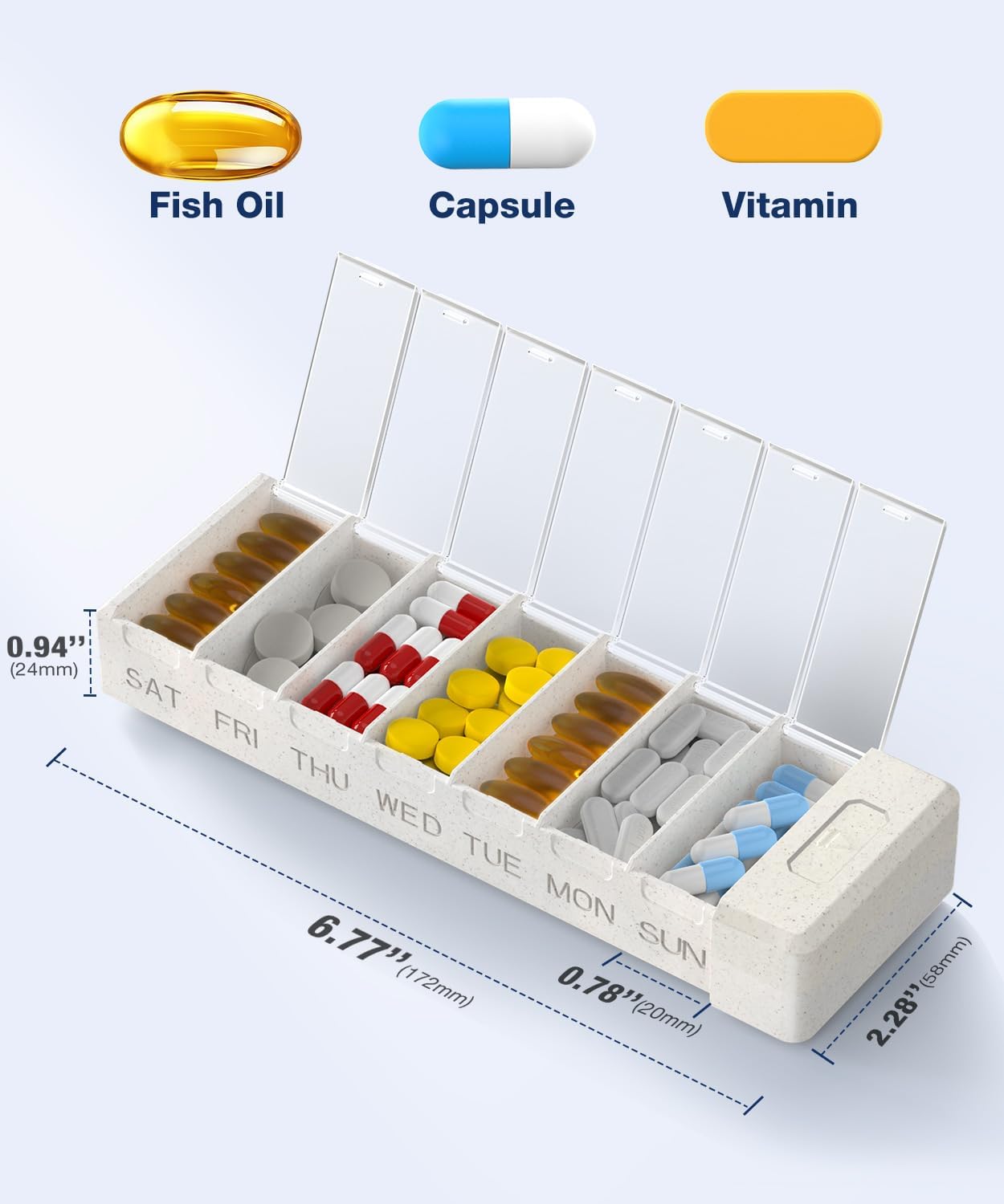 HEIYING 7 Days Pill Organizer with Aluminum Shell for One Week Capacity, Portable Metal Pill Case to Hold Vitamin, Medicine, Supplements