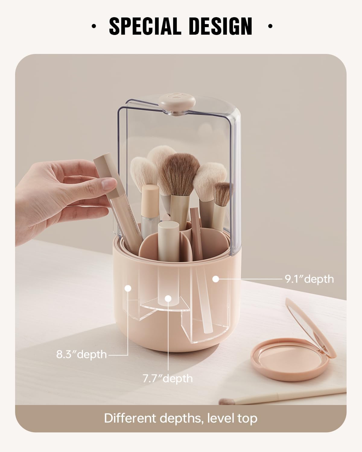 EACHY Makeup Brush Holder 360° Rotating with Dustproof Lid, Waterproof Material, 7 Compartments for Organized Storage, Stylish and Durable Design for Vanity (Green)