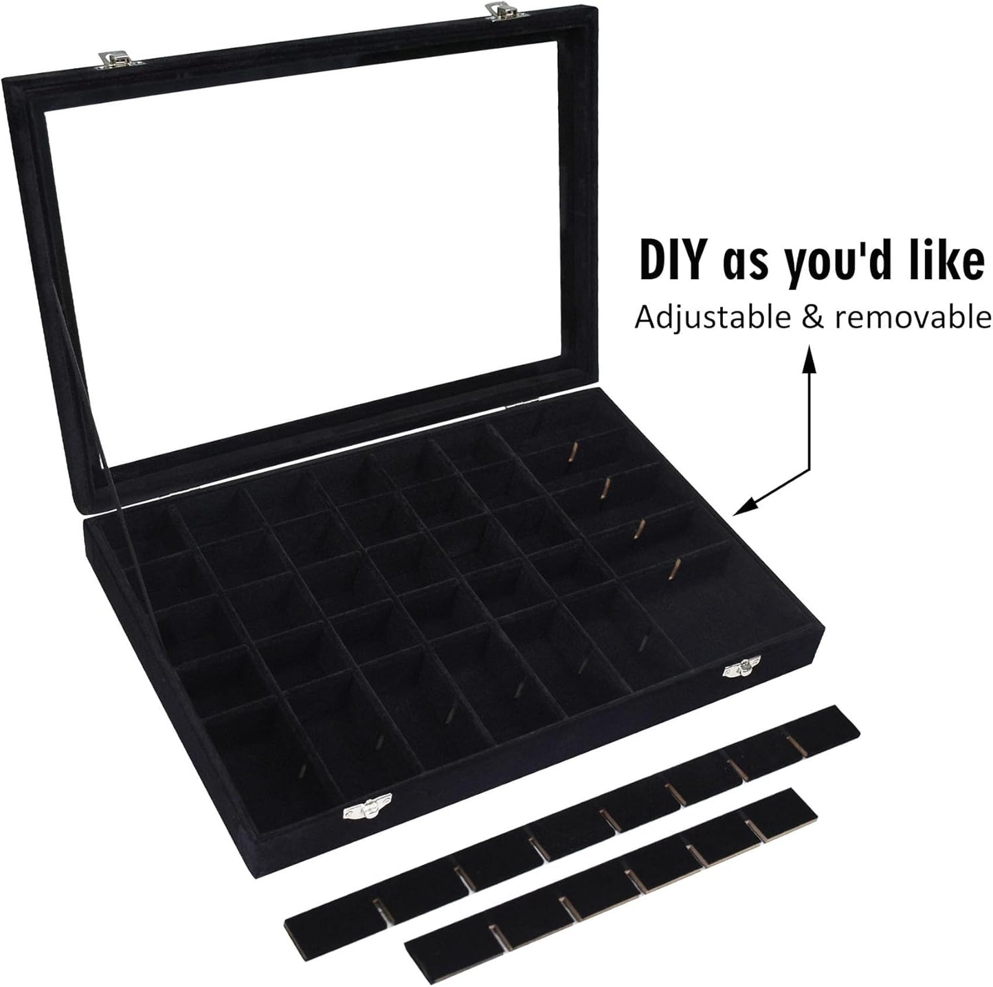 Velvet Jewelry Tray 48 Grid Jewelry Display Tray Organizer Box with Transparent Lid Rings Earrings Necklaces Pendants Display Box Suitable for Women and Girls (Black)