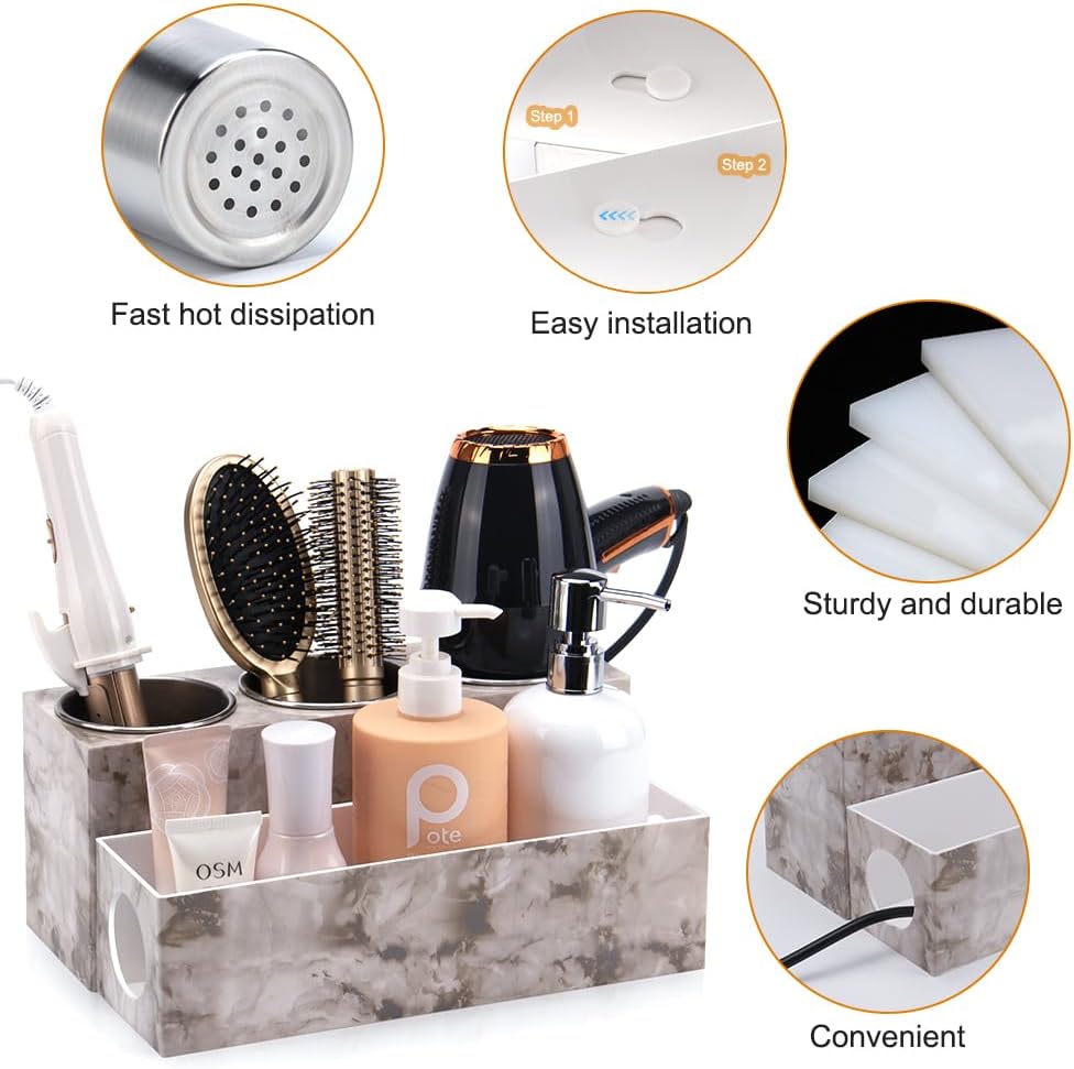 Marble Hair Tool Organizer - Bathroom Vanity Storage for Hot Tools, Hair Dryer, Curling Iron, Flat Iron & Straightener