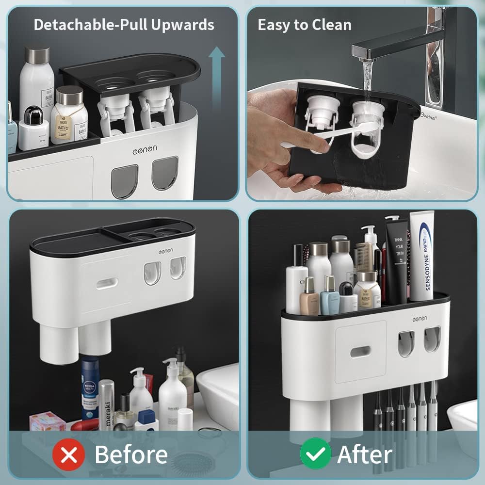 Toothbrush Holders Wall Mounted, Toothbrush Holder with Automatic Toothpaste Dispensers, 6 Brush Slots, 2 Magnetic Cups,1 Cosmetic Drawer Organizer and 1 Large Storage Tray
