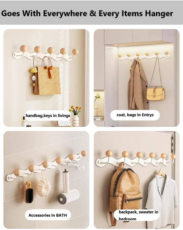 Coat Rack Wall Mount,White Wall Hooks Adhesive & Screw in,Anti-Tear Wooden Ball Hook Rail, Heavy Duty Metal Coat Hanger Wall Mount for Entryway, Bathroom, Bedroom, Kitchen 2PACK(6-tri Hooks)