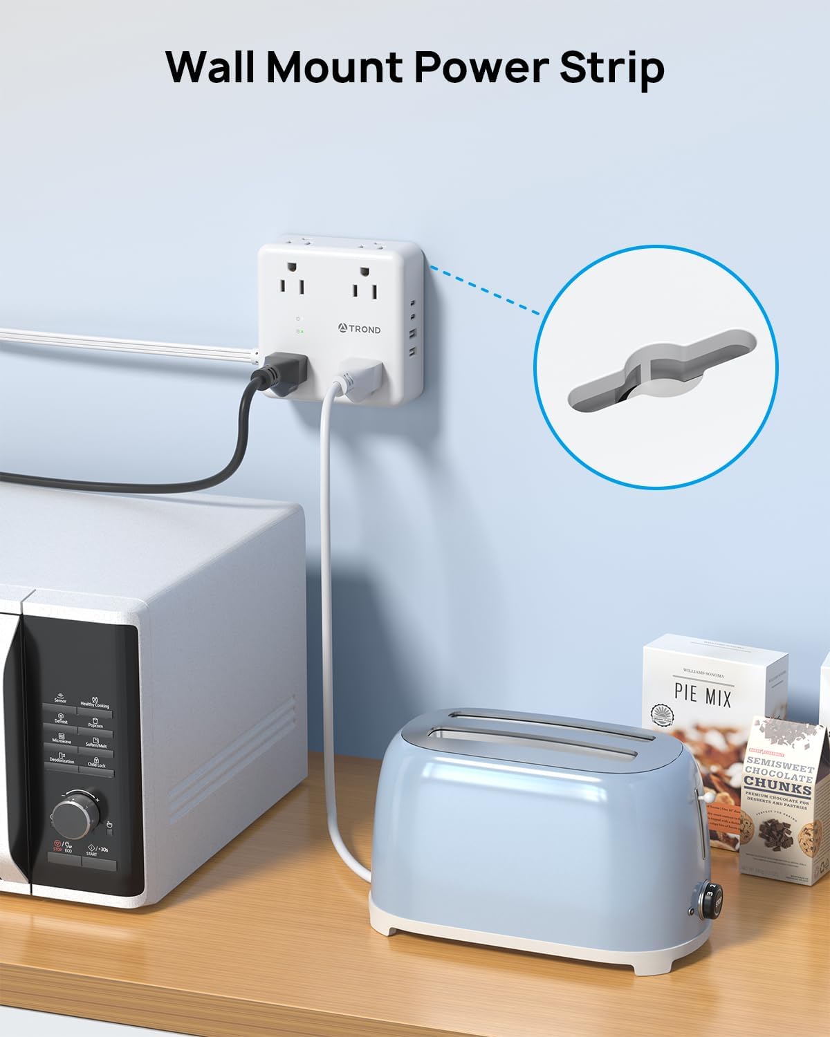 TROND 5ft Flat Extension Cord with 2 USB C, Ultra Thin Flat Plug Power Strip, 8 Widely Outlets and 4 USB Ports, 1700J Surge Protector, Extension Cord for Office, Travel, Home, White
