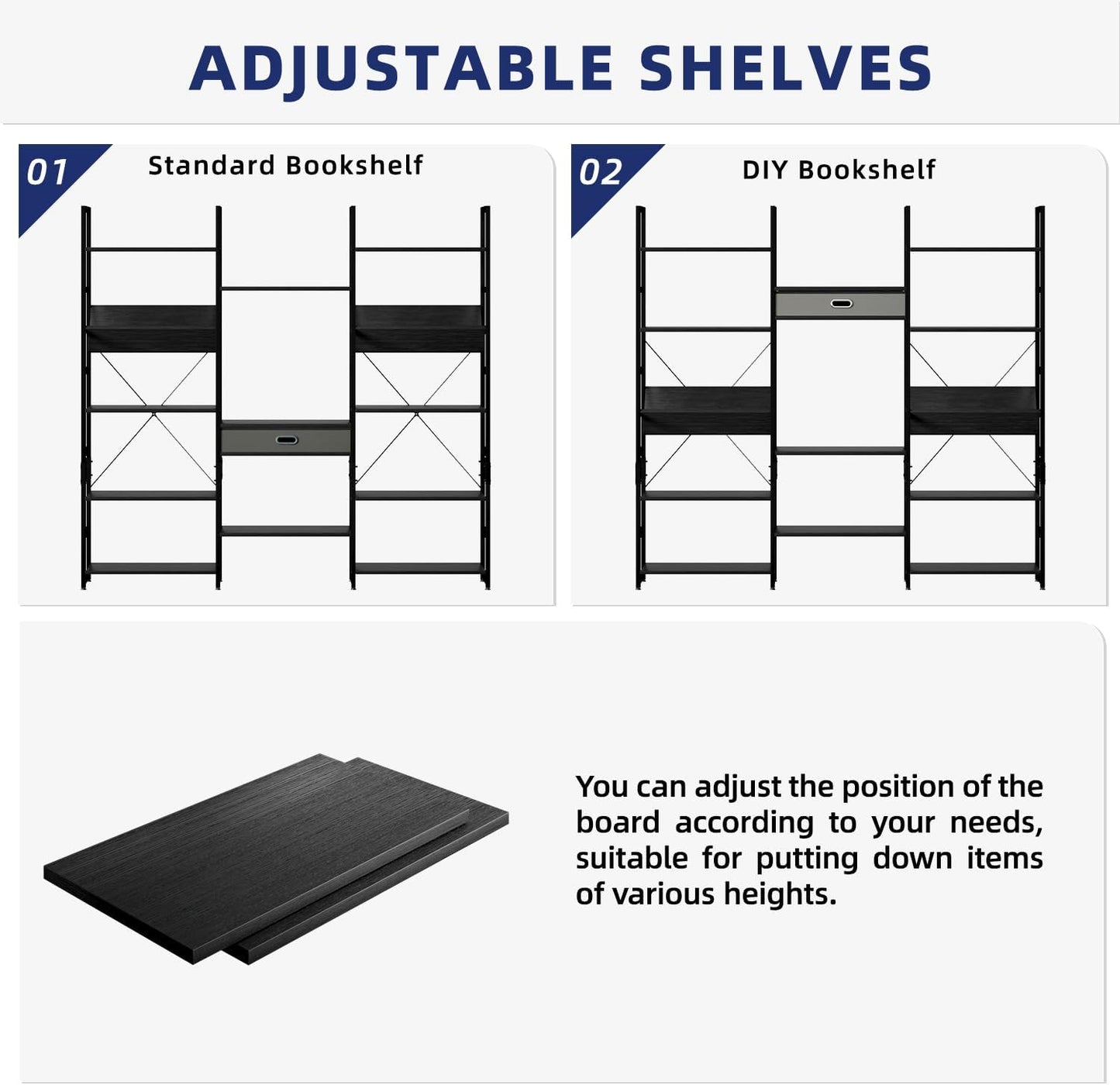 NUMENN Bookcases and Bookshelves Triple Wide 5 Tier Bookshelf, Large Etagere Bookshelf with Storage Drawer, Adjustable Open Display Shelves for Living Room, Bedroom, Home Office, Black