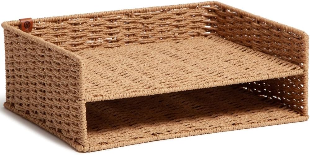 U Brands Woven Two-Tier Paper Tray, Rattan-Inspired Wicker Style Office Organization Supplies, 1 Count