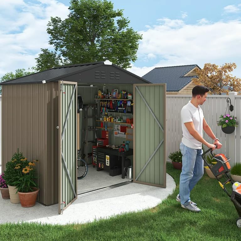 Flamaker 6x8 FT Storage Shed Waterproof Metal Garden Shed with Lockable Door Utility Tool Shed Outdoor Storage for Backyard, Patio and Lawn, Brown