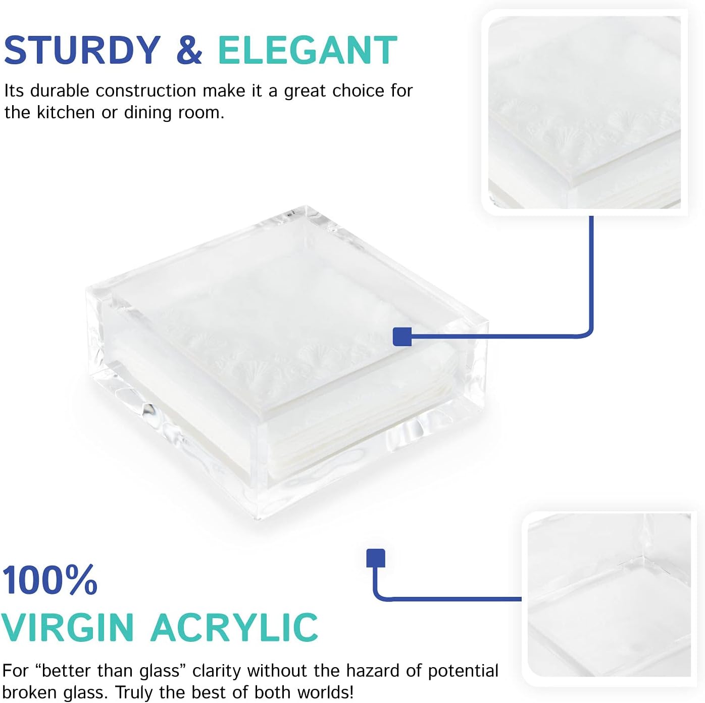 Huang Acrylic Clear Square Paper Napkin Holder | For Cocktails, Hosting, Picnics, Weddings, Parties | Long Lasting Premium Acrylic Construction