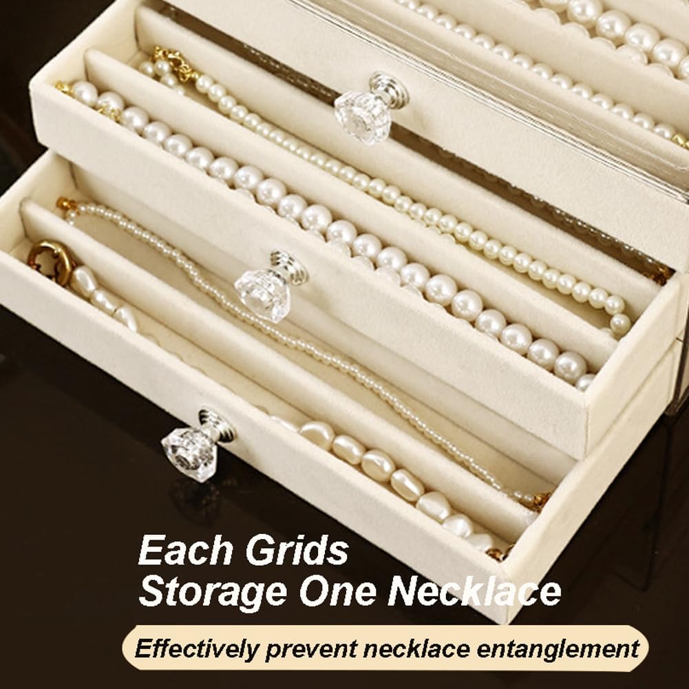 SPAKOWN Necklace Organizer Box, Velvet Necklace Box Holder Tray with Clear Lid Chains Showcase Stackable Necklace Storage for Pendant Bracelet (5 Drawers - Beige)
