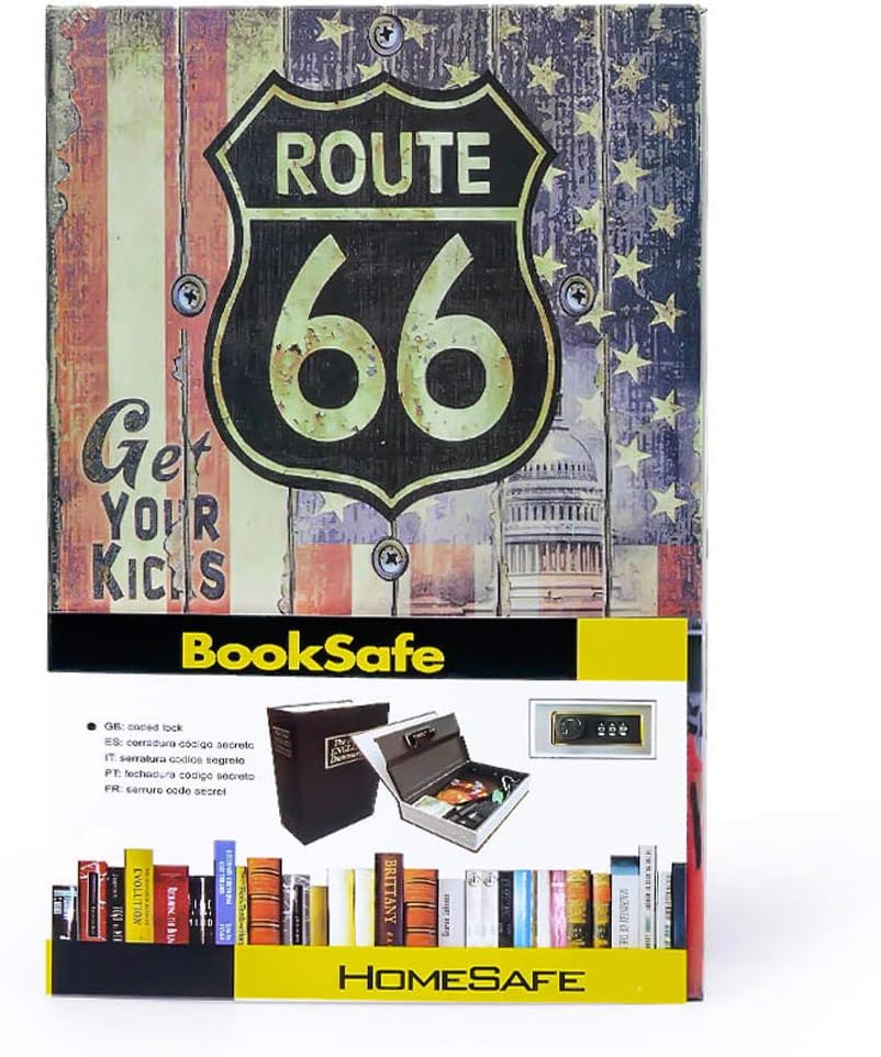 Diversion Book Safe Storage Box (9.5"×6"×2.2"), Dictionary Secret Safe Can with Security Combination Lock, Diversion Book Hidden Safe (Route 66 Road, Code)