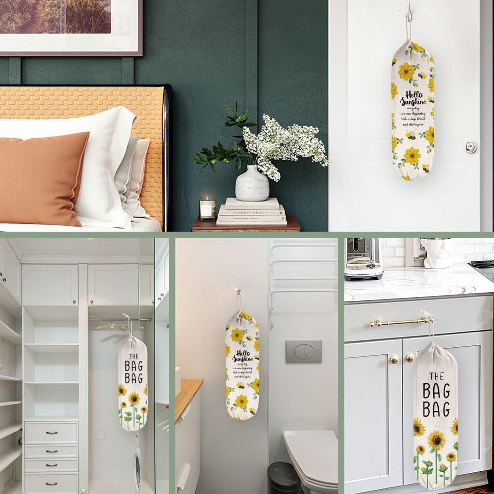 2Pcs Sunflower Plastic Bag Holder for Kitchen Essentials, Reusable Hanging Grocery Bag Organizer, Sunflower Gifts for Women, Washable Large Grocery Trash Bags Storage Dispenser
