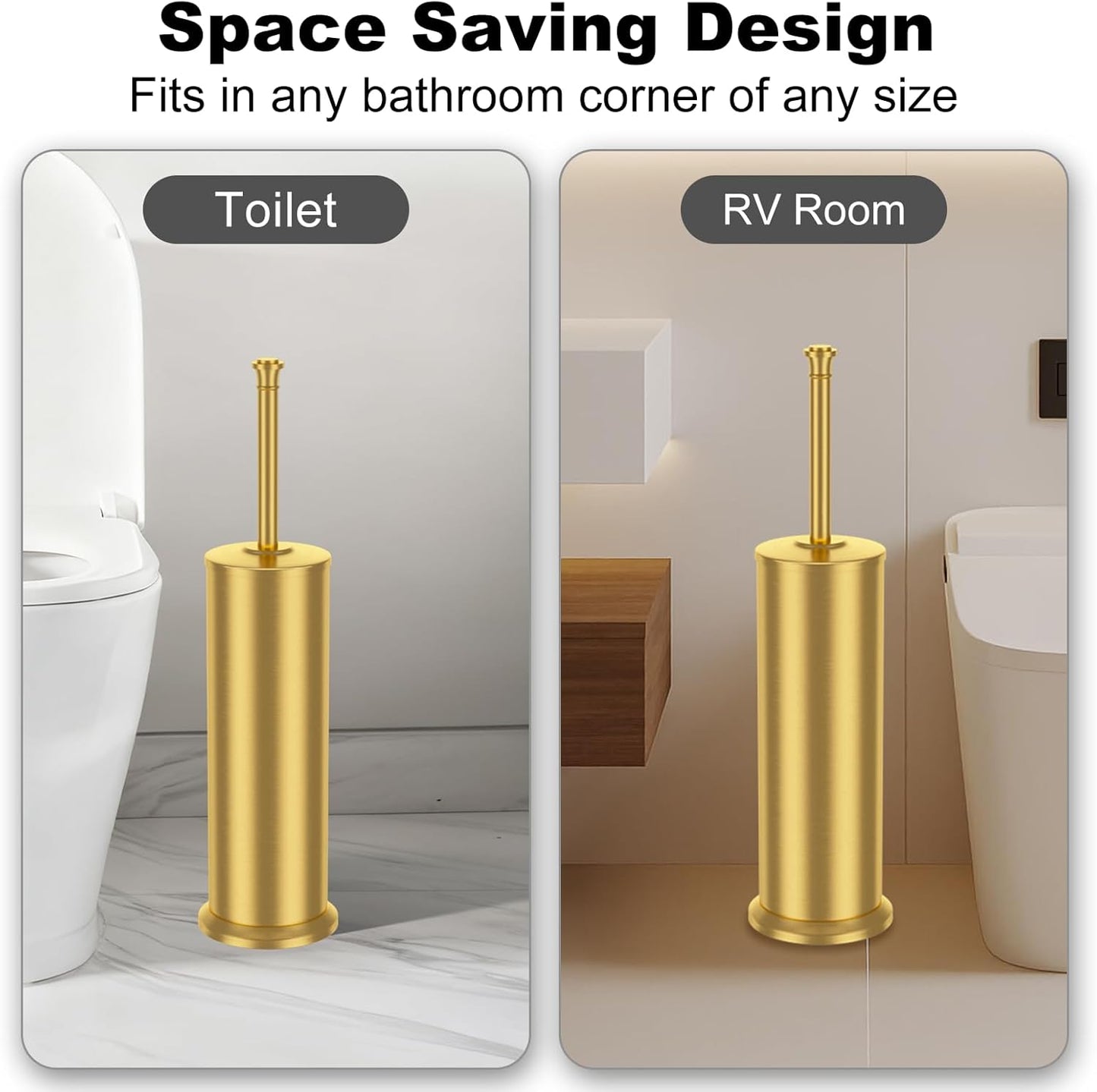 Brass Toilet Brush and Holder,Long Handled Gold Toilet Brush for Bathroom,Stainless Steel Heavy Duty Toilet Bowl Brush,Removable Inner Bowl,Deep Cleaning Dense Bristles Cleaner Brush -Space Saving