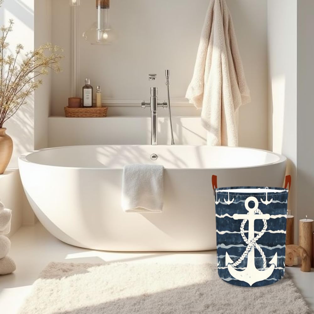 Laundry Baskets 15.7x19.7 Inch Large Nautical Anchor Design Collapsible Laundry Hamper with Handles Oxford Fabric Clothes Storage Bin Foldable Dirty Clothes Organizer for Bedroom Bathroom Dorm
