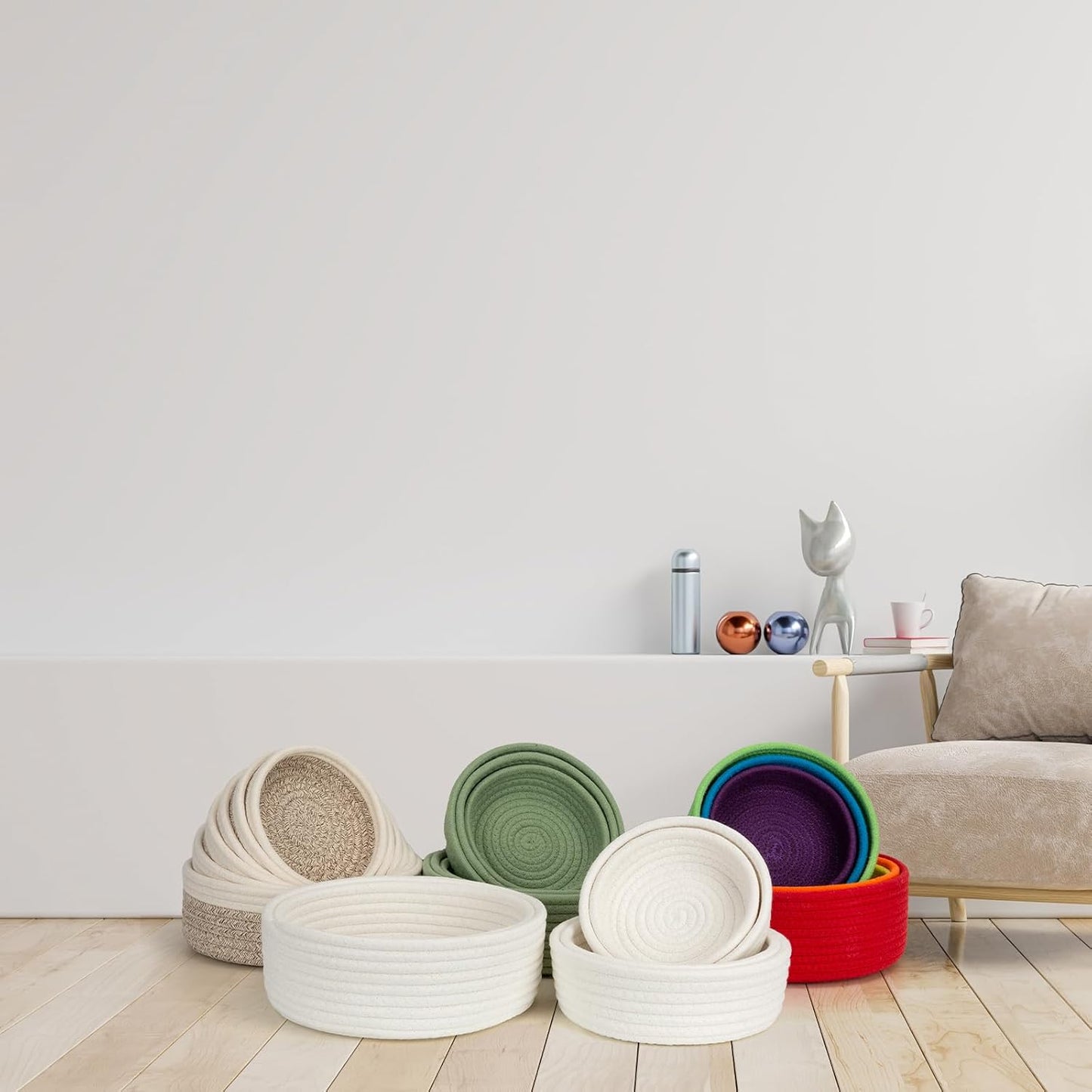 Small Shelf Storage Baskets for Organizing, 6 Pack Round Cotton Rope Bins, Decorative and Cute Woven Baskets for Bedroom and Closet, Key Tray Bowl, Home Decor Countertop Organizer (Beige)
