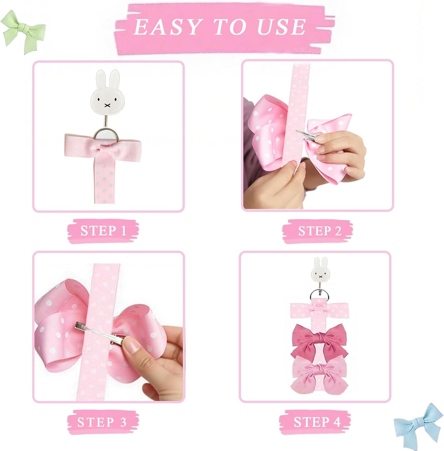 6 PCS Headband Bow Holder for Girls Hair Bows Clips Storage Bow Organizer hanger for Girls Hair Bows accessories Wall Hanging Organizer for Baby Room, Nursery Decors or Travel (Pink)