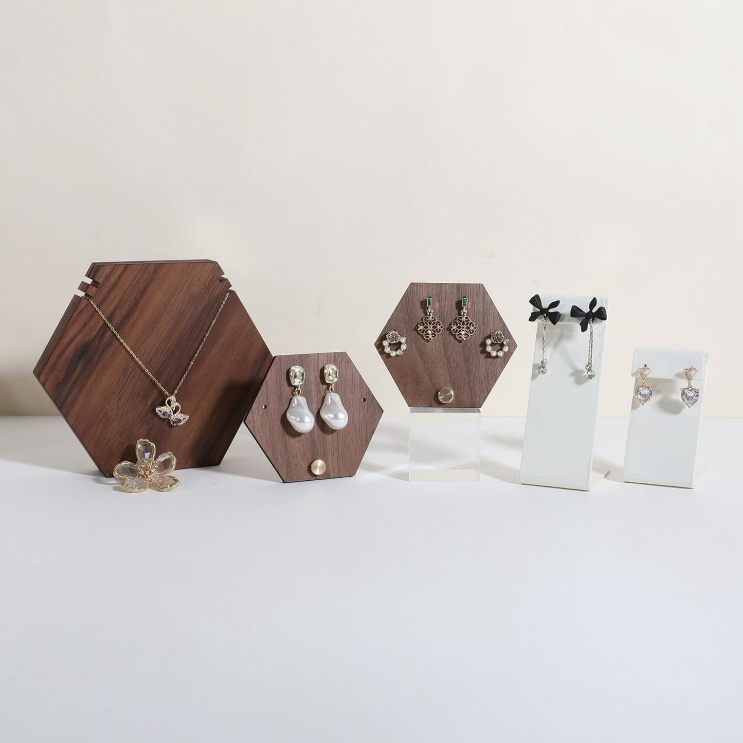 GemeShou 3pcs wooden jewelry earring organizer holder, walnut earring studs stand for boutique store, cute earring display for selling with 6 holes on each【Earring stand-Hexagon-3pcs】